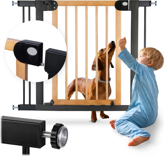 Barrera de seguridad infantil NUKIDO, negro-madera, 76–104 cm