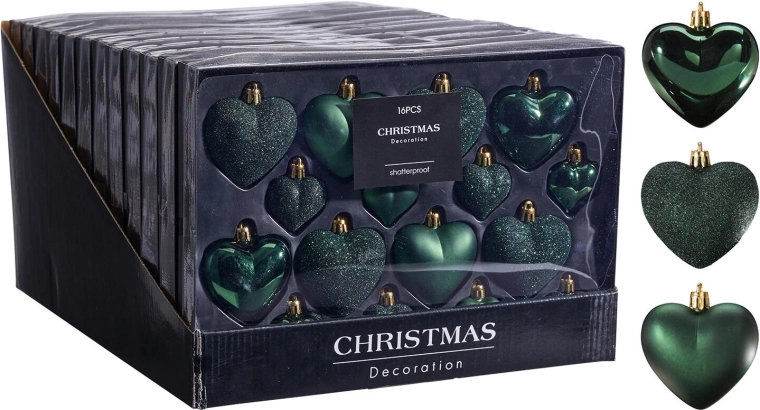Adornos navideños colgantes con forma de corazón, verde oscuro, 16 uds.