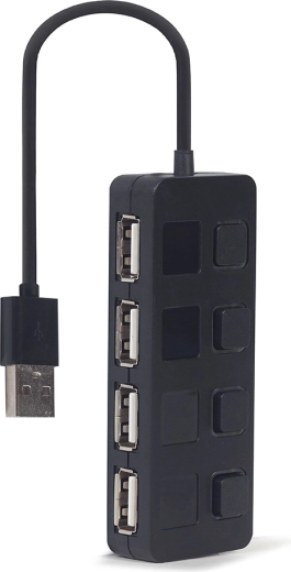 Concentrador USB 2.0 de 4 puertos con interruptores, negro - 1 pieza