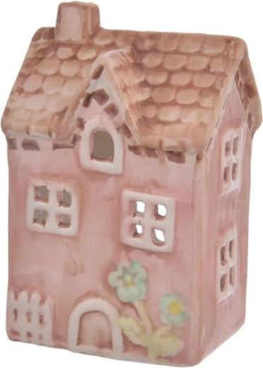 Portavelas cerámico casita rosa