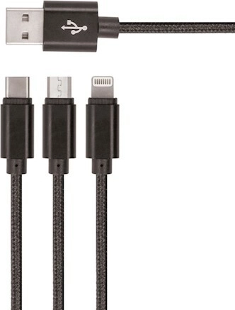 Cable USB de nylon Setty 3 en 1 microUSB, Lightning, USB‑C 1 m – negro