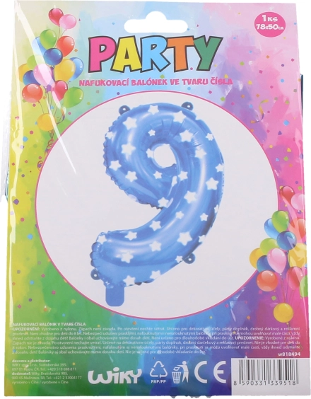 Globo inflable azul con forma de número 9 con estrellitas 78 × 50 cm