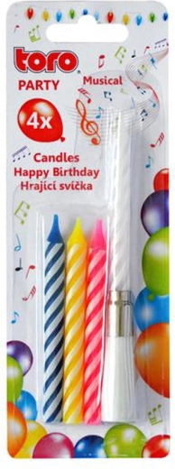 Vela de tarta cantante con base TORO Happy Birthday – set de 4 velas
