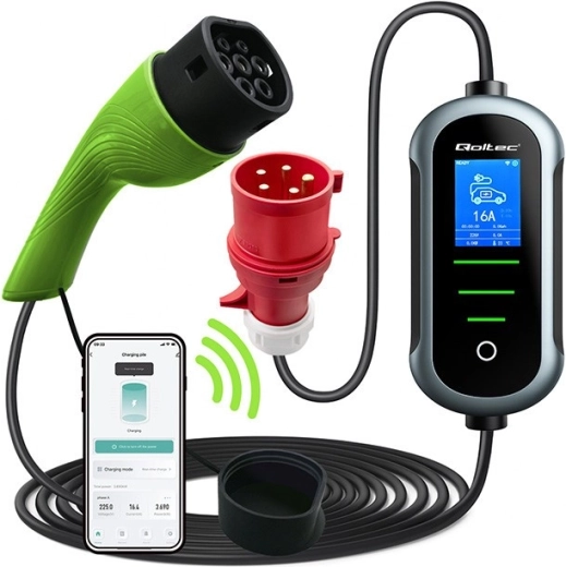 Cargador Wi‑Fi portátil para vehículos eléctricos Tipo 2, 22 kW, 400 V, LCD, 7 m – Qoltec
