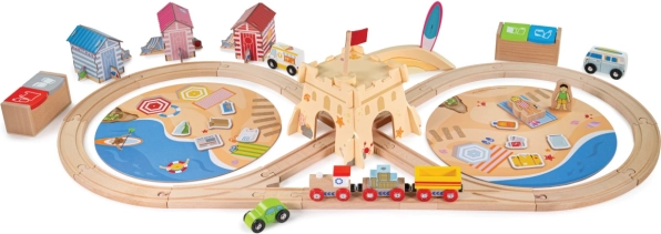 Circuito de tren de madera BIGJIGS RAIL Limpieza de la costa, 70 piezas