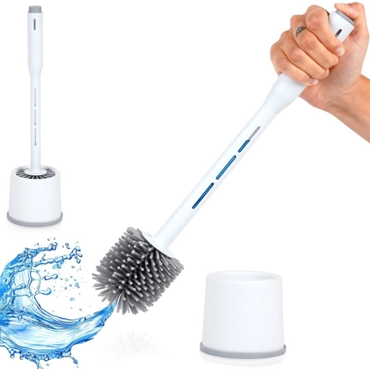 Escobilla de WC de silicona con soporte y dosificador, blanca 40 cm