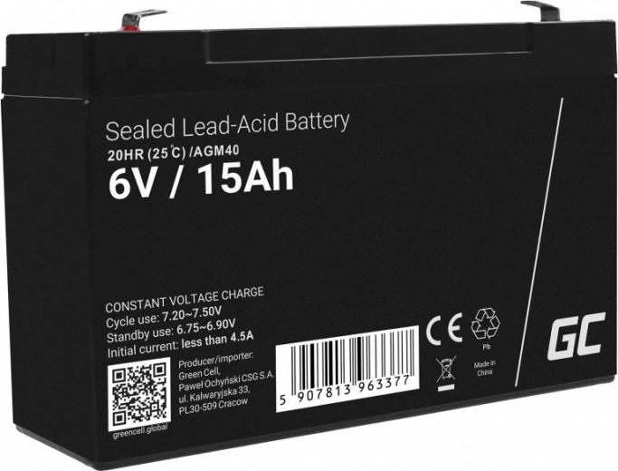 Batería AGM sin mantenimiento GREEN CELL 6 V 15 Ah para alarmas, cajas registradoras y juguetes