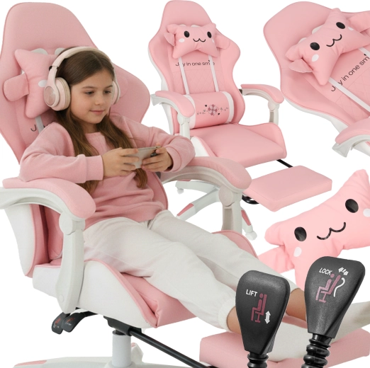 Silla infantil gaming con reposapiés extensible – rosa, giratoria y cómoda