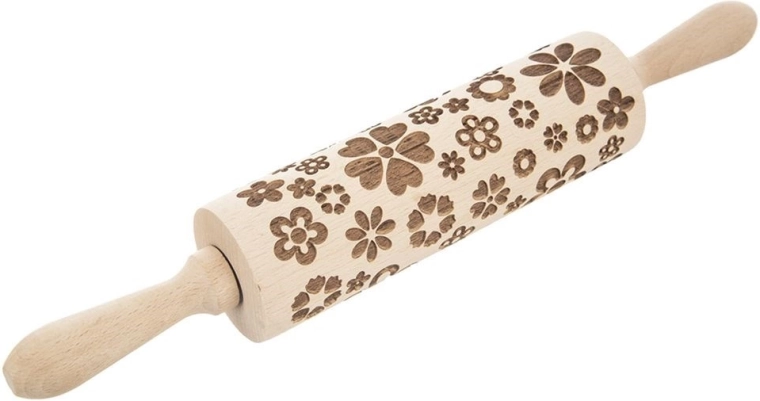 Rodillo de madera para masa con relieve y motivo floral de 39 cm