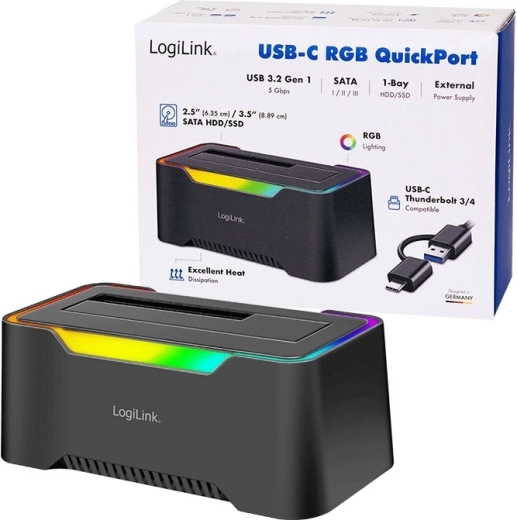 Estación de acoplamiento LogiLink USB‑C 3.2 Gen 1 para HDD/SSD SATA de 2,5"/3,5" con RGB