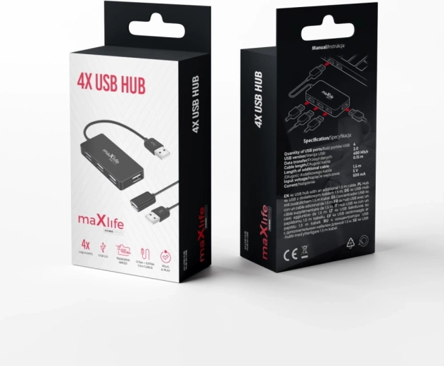 Maxlife home office concentrador USB 4× USB 2.0 negro 1,5 m