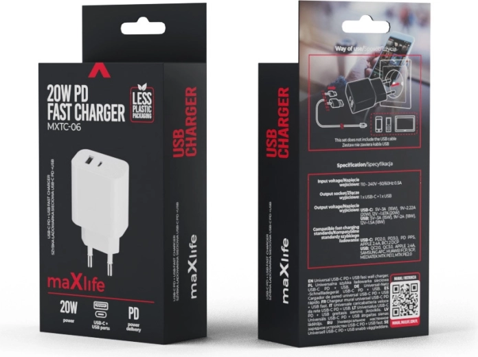 Cargador Maxlife PD/QC 20 W, 1× USB‑C + 1× USB, blanco