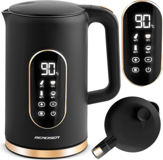 Hervidor eléctrico 1,7 l negro-dorado con pantalla táctil BERDSEN