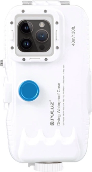 Funda plástica impermeable PULUZ para iPhone 15 Plus, 15 Pro Max, 14 Plus, 14 Pro Max, 13 Pro Max, 12 Pro Max y 11 Pro Max – blanca