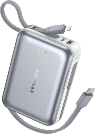 Powerbank AWEI 20000 mAh con carga rápida de 45 W, USB‑A/USB‑C, cables integrados Lightning y USB‑C, plateada