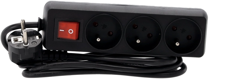 Regleta alargadora con interruptor, 3 tomas, 1,5 m, negra