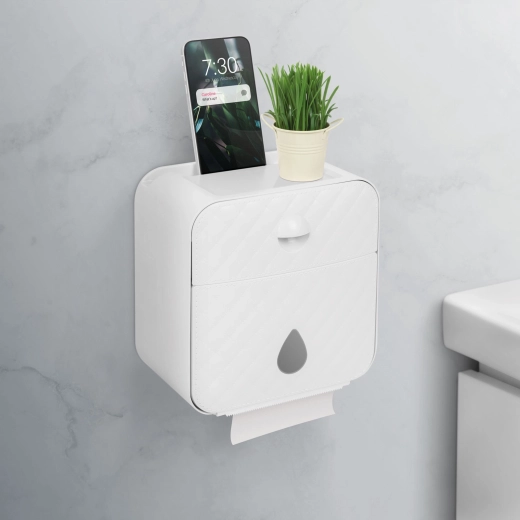 Dispensador de pared para papel higiénico con estante, blanco