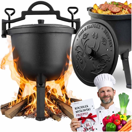 Caldero de hierro fundido de 8 l para fuego y parrilla con patas y tapa