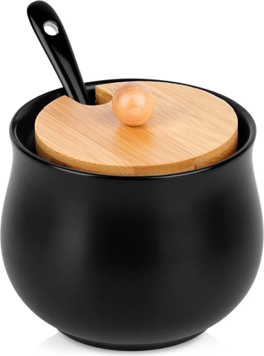 Azucarero de cerámica negro con tapa de bambú y cucharilla 250 ml