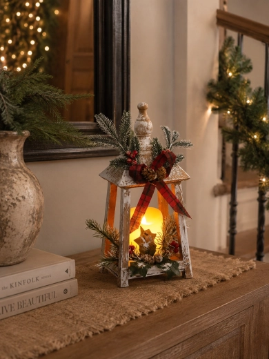 Farol de madera navideño con vela LED