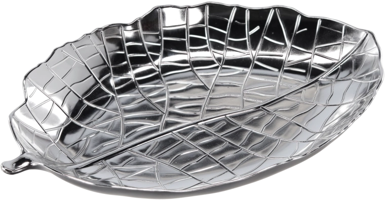 Bandeja decorativa en color plateado con motivo de hoja 39 × 27 cm