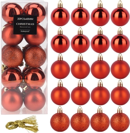 Bolas navideñas rojas irrompibles de 4 cm, juego de 20 uds.