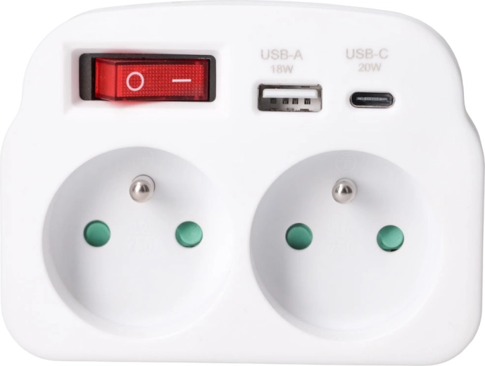 Solight ladrón de enchufe con 2 tomas, carga rápida USB-A y USB-C de 20 W PD, blanco