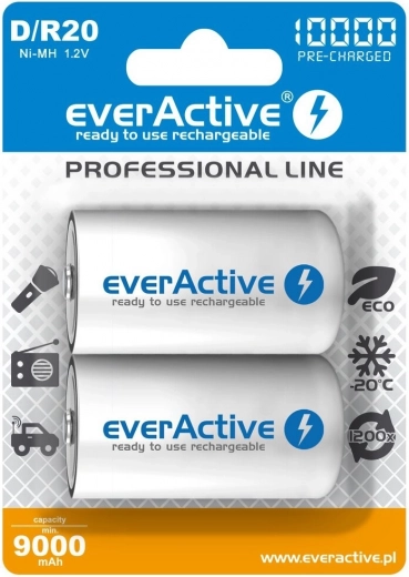 Acumuladores everActive R20/D Ni-MH 10000 mAh (2 uds.) listos para usar