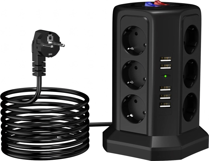 Regleta vertical con protección contra sobretensiones, 12 enchufes + 5 USB con reinicio