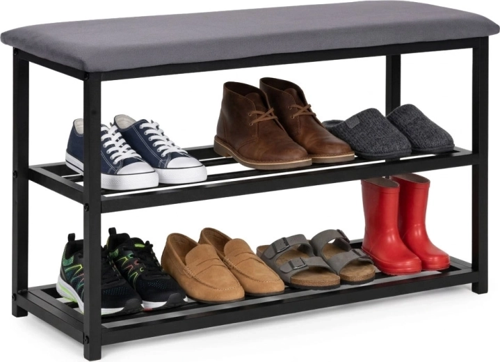 Banco zapatero tapizado de 80 cm con asiento y 2 estantes ModernHome