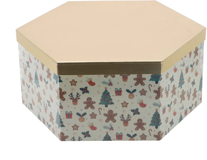 Caja de regalo navideña hexagonal con tapa dorada 36 × 31 × 14 cm - 1 unidad