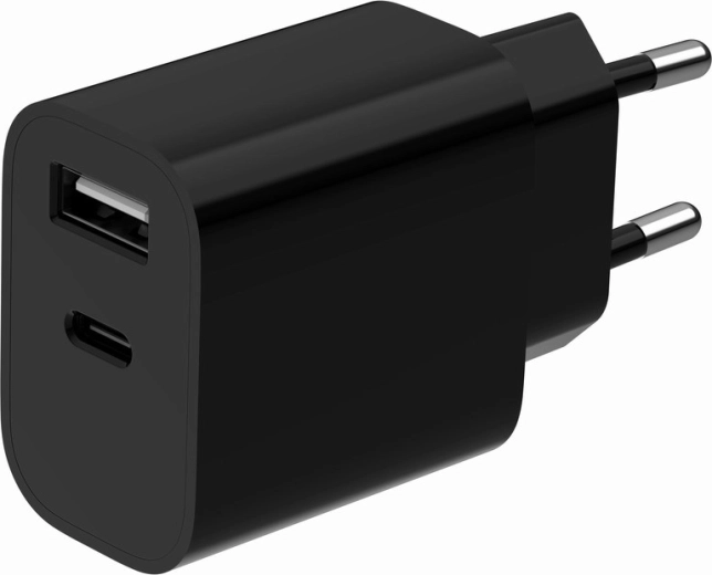 Cargador de red USB universal con 2 puertos (USB-A + USB-C), 2,4 A, negro