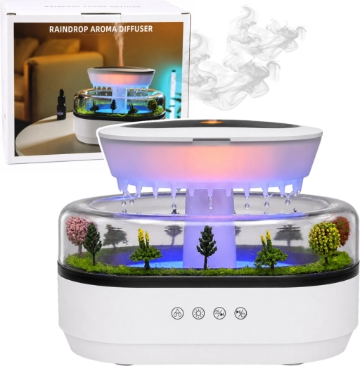 Humidificador de aire y difusor de aromas con efecto de lluvia e iluminación LED