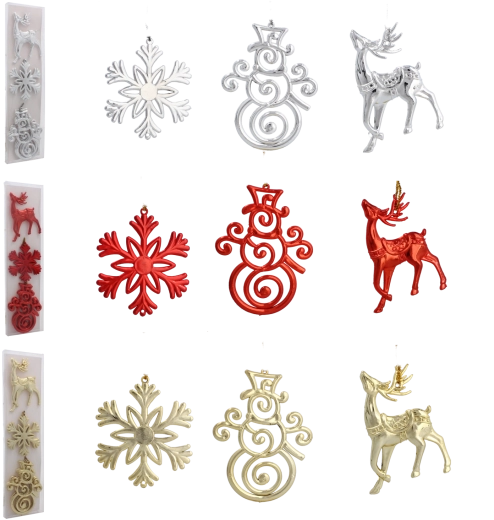 Set de adornos navideños: reno, copo de nieve y muñeco de nieve, mezcla brillante de colores