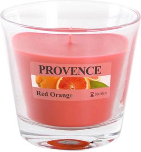 Vela aromática en vaso de vidrio Provence naranja roja 35 horas