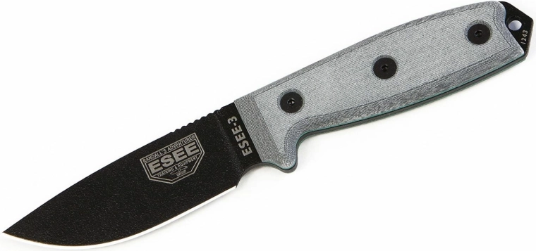 Cuchillo táctico universal ESEE 3P, hoja negra, Micarta gris, funda Coyote Tan