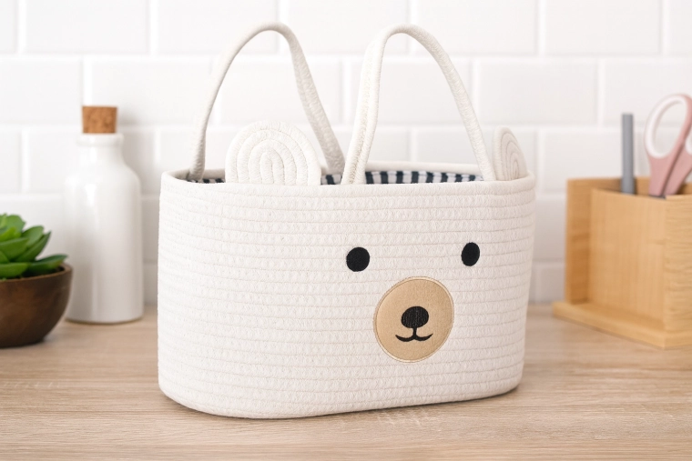 Cesta textil blanca para juguetes con forma de osito con asas 35 × 25 × 21 cm