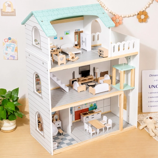 Casa de muñecas de madera de tres plantas con muebles, terraza y ascensor