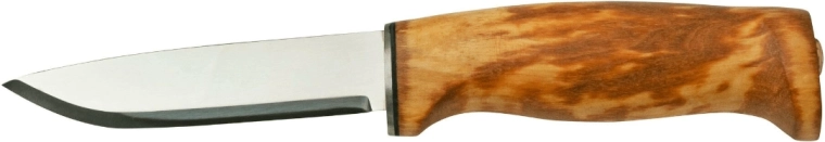 Cuchillo outdoor Helle Fjellkniven 12C27, hoja 9,8 cm, abedul rizado, funda de cuero