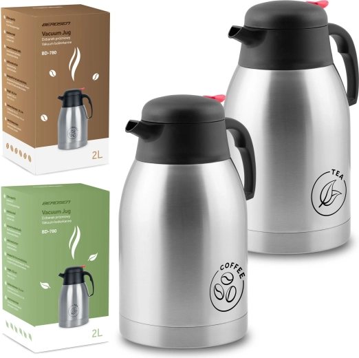 Juego de jarras térmicas de vacío de 2 l para café y té BERDSEN BD-780, acero inoxidable