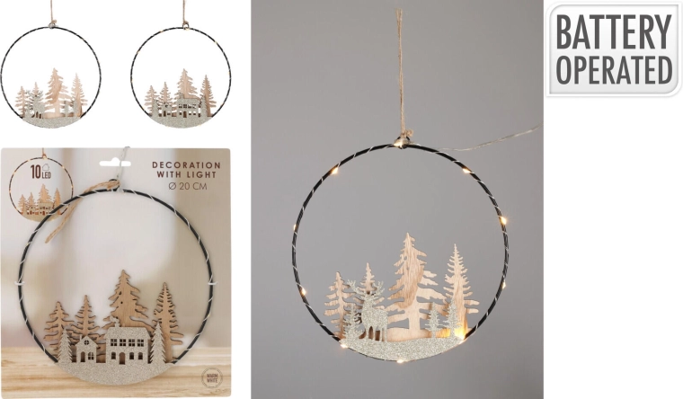 Decoración LED colgante circular de 20 cm de madera de álamo – blanco cálido