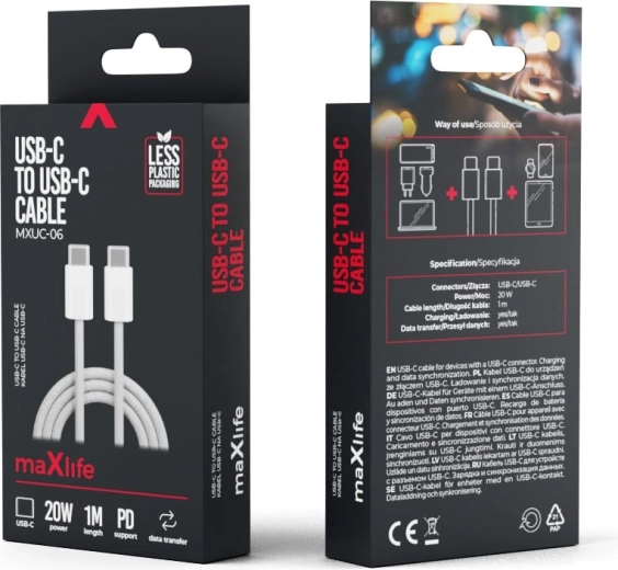 Cable de nailon Maxlife USB-C – USB-C 1 m 20 W gris