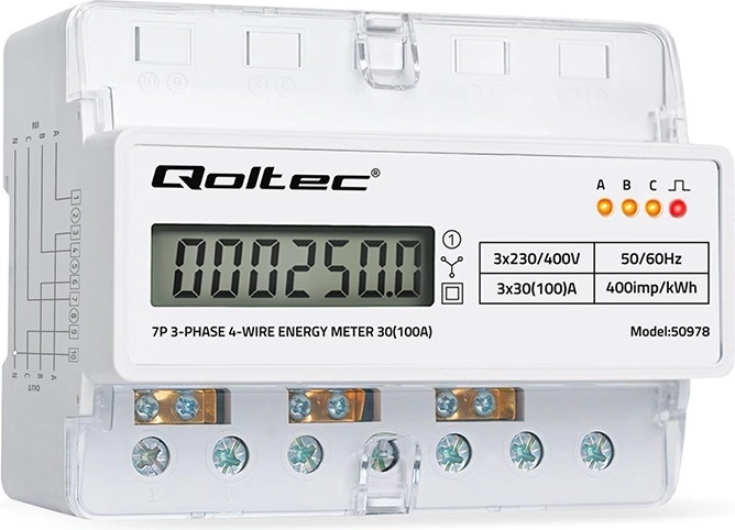 Contador de energía electrónico trifásico para carril DIN, 400 V, 100 A, con indicación LCD y LED