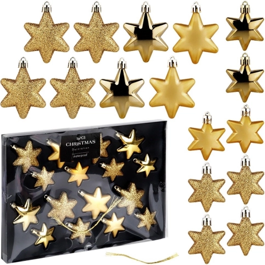 Set de adornos navideños en forma de estrella doradas, irrompibles, 16 uds (5–6 cm)