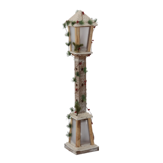 Farol navideño blanco de madera con iluminación LED