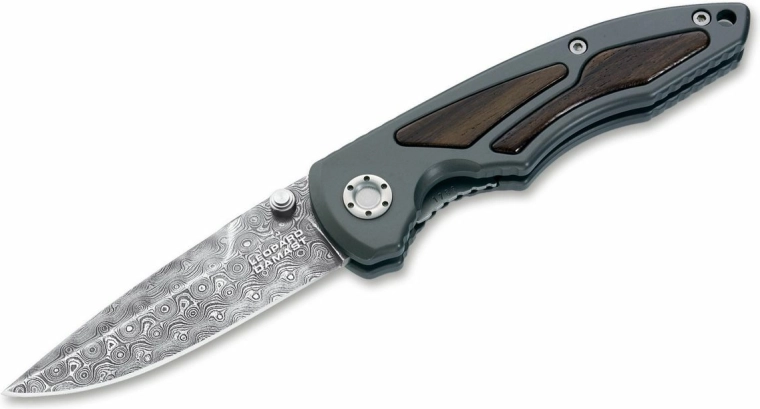 Navaja de bolsillo de coleccionista de acero damasco BÖKER MANUFAKTUR SOLINGEN Leopard-Damast I, aluminio y madera