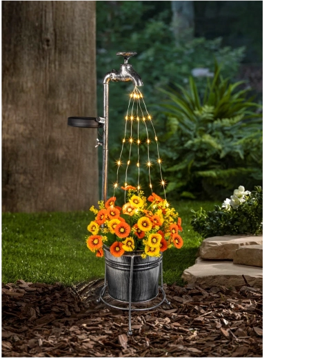 Lámpara solar de jardín con grifo decorativo y maceta, 30 LED blanco cálido, 60 cm