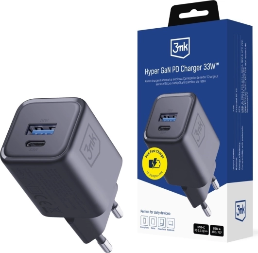 3MK Hyper Charger PD 33W GaN cargador de pared USB-A y USB-C negro