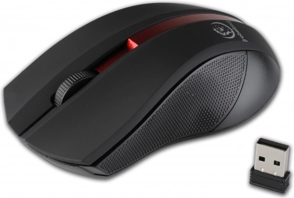 Ratón óptico inalámbrico con superficie de goma GALAXY, negro‑rojo