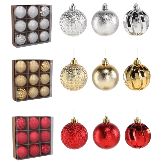 Set de bolas navideñas de 6 cm – roja, dorada y plateada (9 uds.)